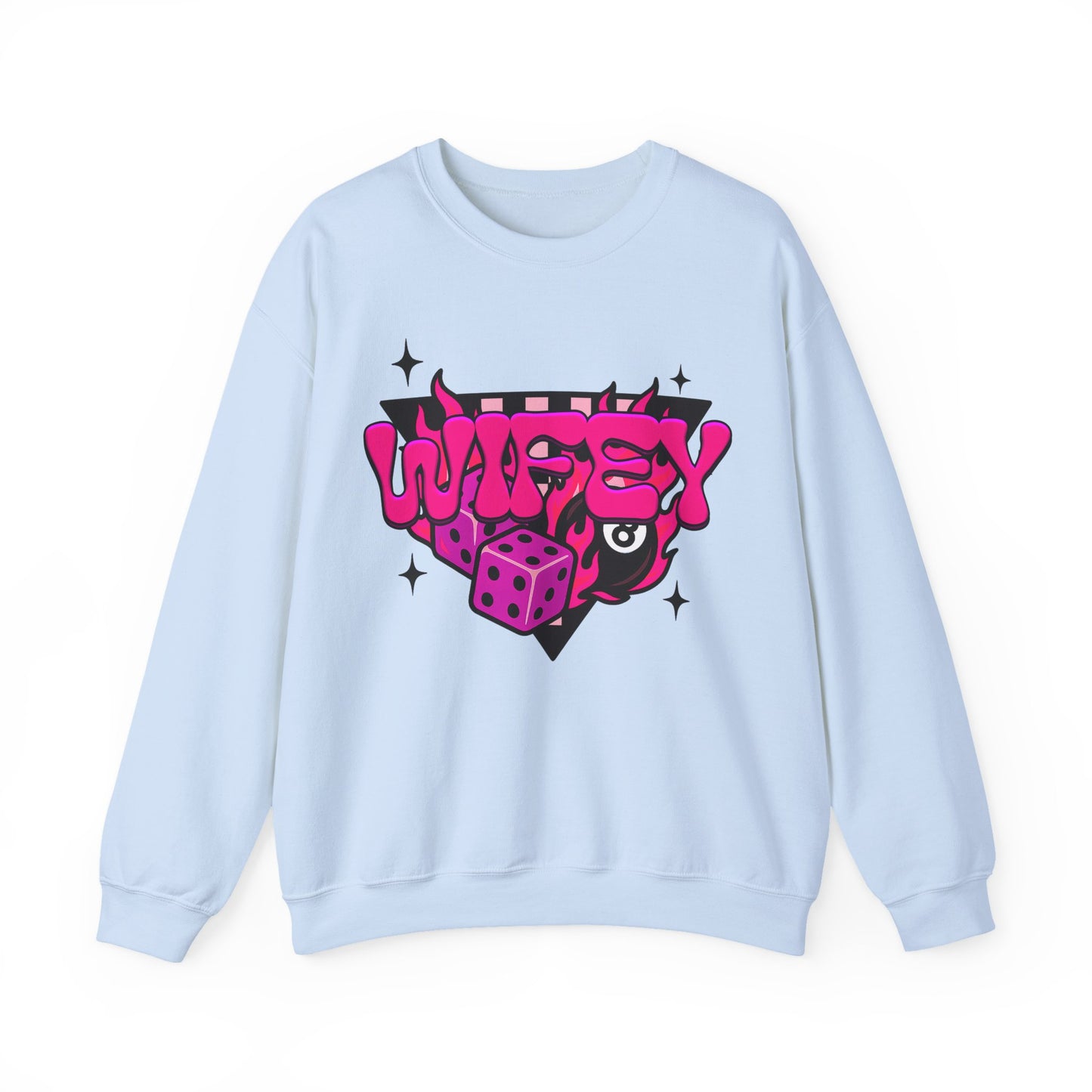 Crewneck Sweatshirt — Retro Pink “Wifey” Dice & Eight Ball Graphic