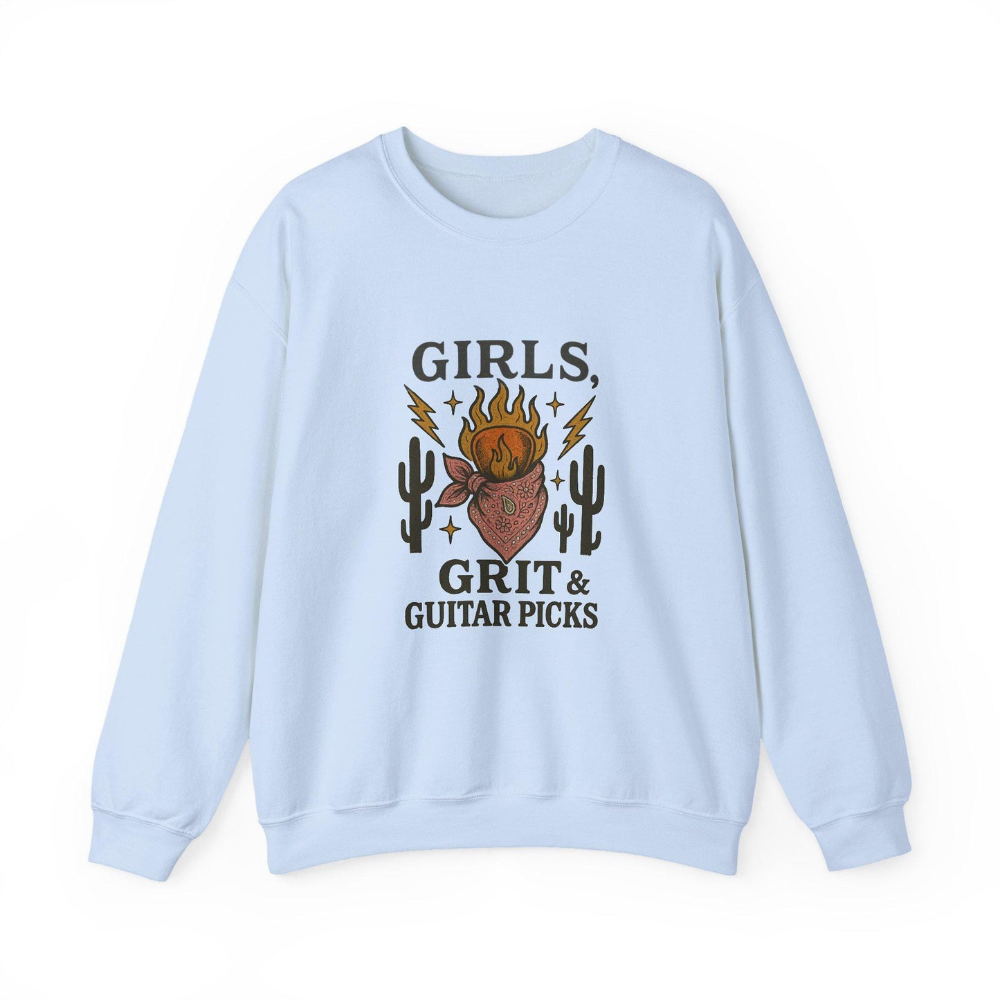 Western "girls, grit, & guitar picks" bandana flaming guitar pick desert PNG graphic INSTANT digital download for tshirt sublimation or dtf