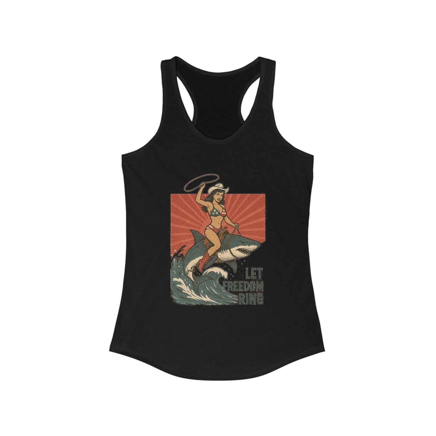 Western summer Independence day pinup cowgirl on shark beach design png graphic digital download for sublimation or dtf