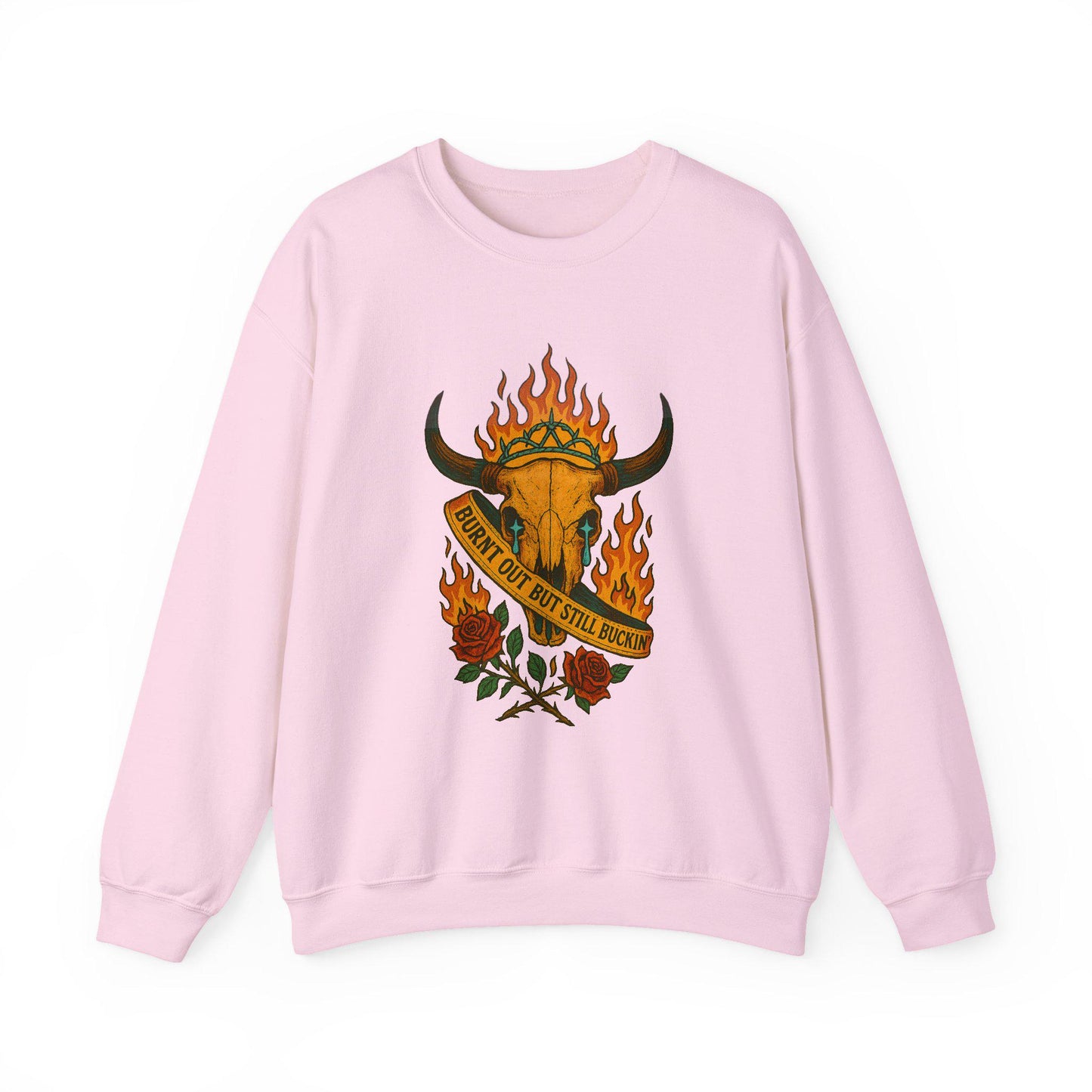 Edgy Western pageant flaming bull skull "burnt out but still buckin" png graphic INSTANT digital download for tshirt sublimation or dtf
