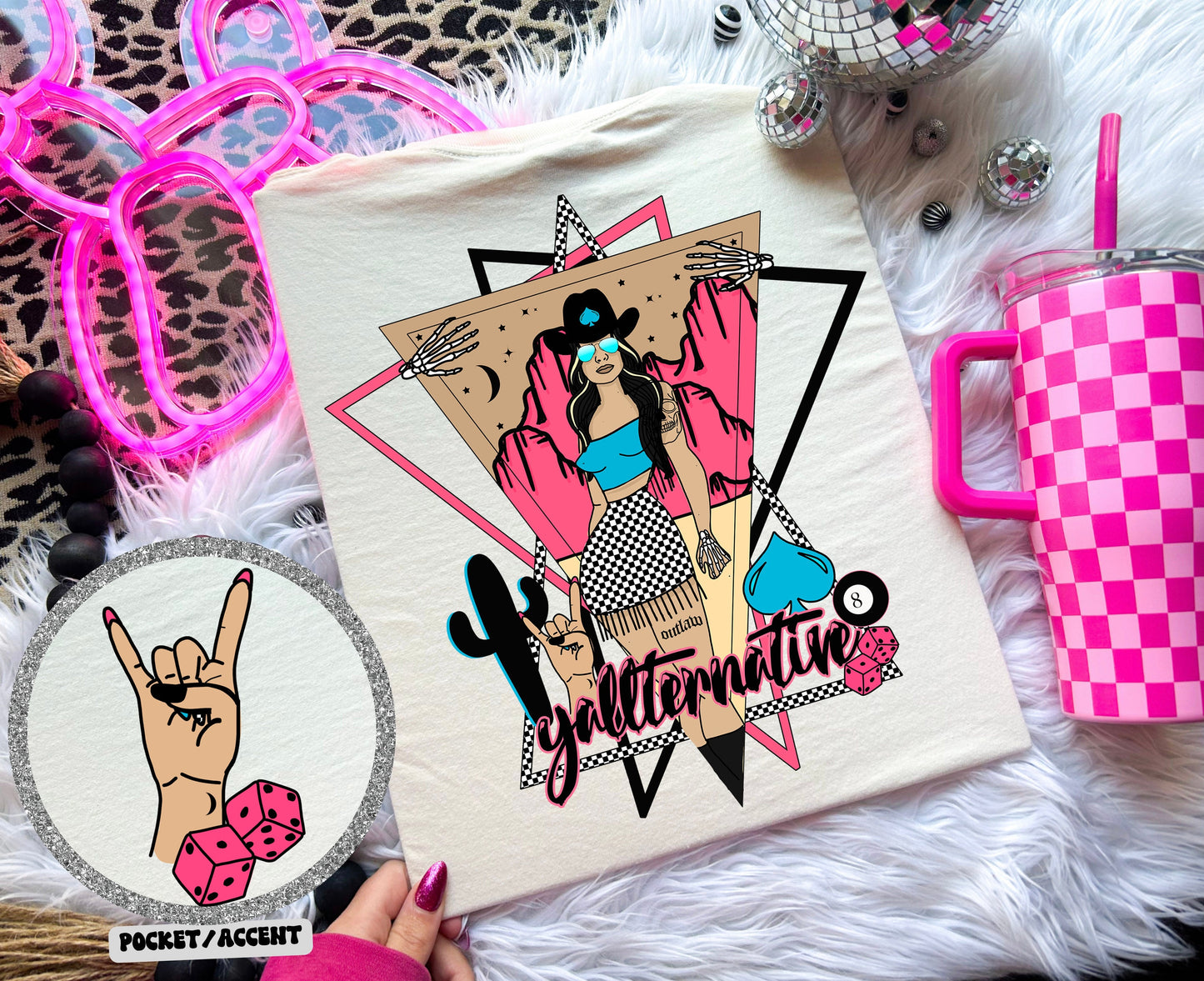 Yallternative Pink Wild west cowgirl Png Rock and Roll design png Punchy Cactus Desert western shirt design Dice 8 ball Spade Retro Skulls