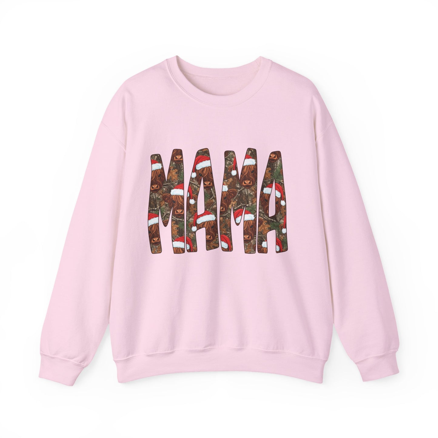 Mama Highland Cow & Camo Sweatshirt — Festive Christmas Mama Crewneck