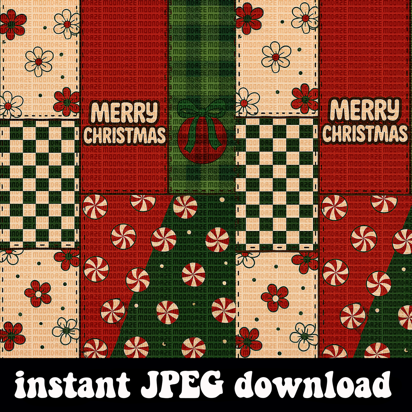 Retro Christmas Patchwork Seamless Pattern | Vintage Holiday Checker & Peppermint Digital File | Red Green Christmas seamless Design