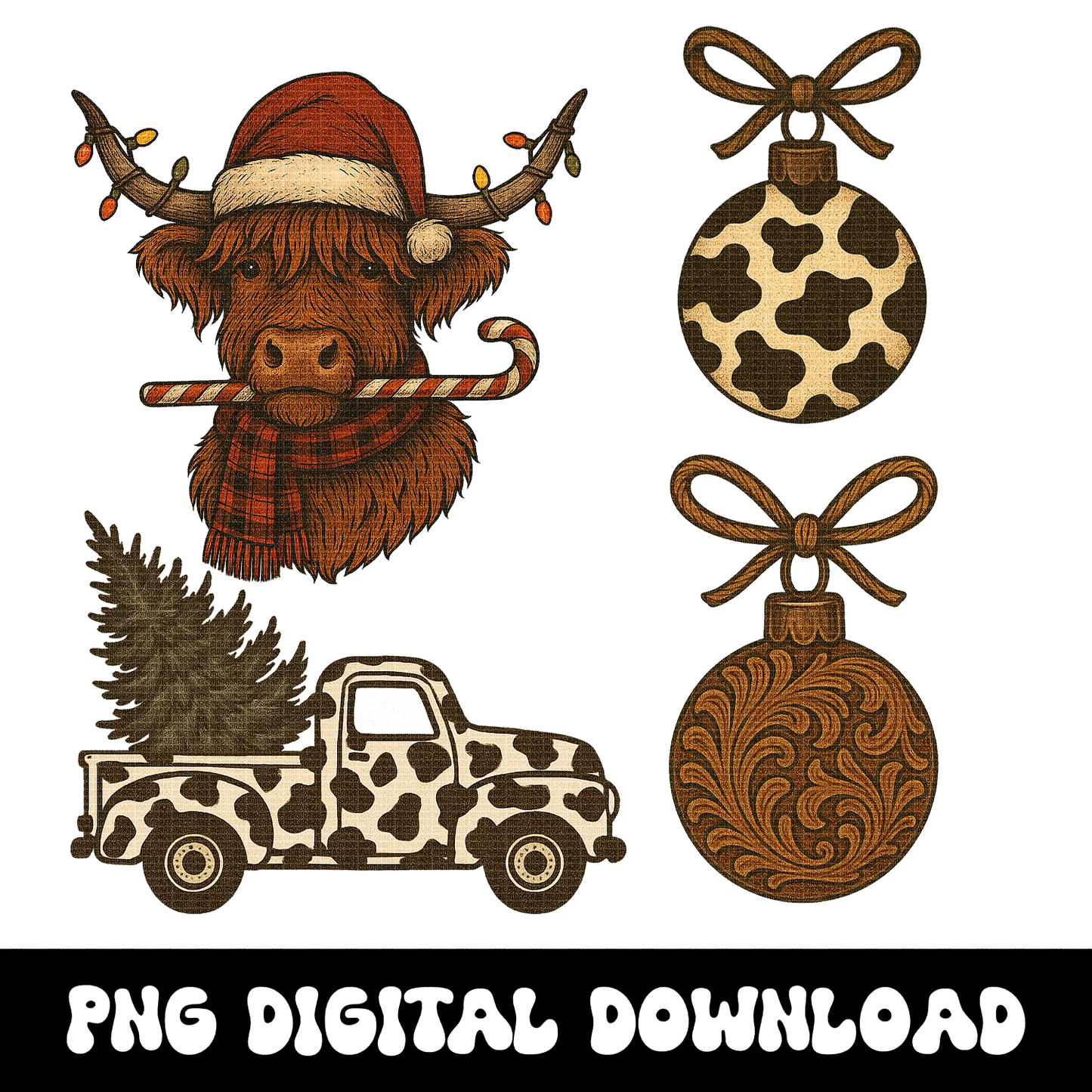 Western Christmas Clipart Bundle | Cowprint Santa PNG Pack |Retro Country Cowboy Christmas Graphics | Tooled Leather Christmas Ornaments |