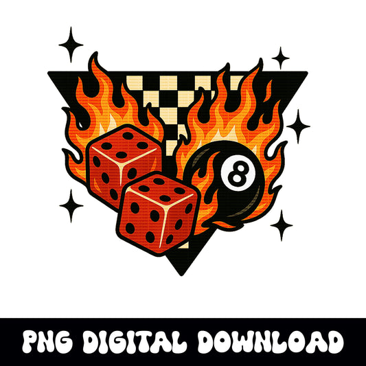 Trendy flaming dice 8ball checkered PNG graphic INSTANT digital download for tshirt sublimation or dtf