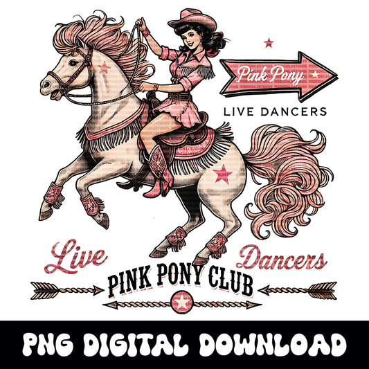 Pink Pony club retro vintage western 1950s cowgirl png graphic for sublimation or dtf