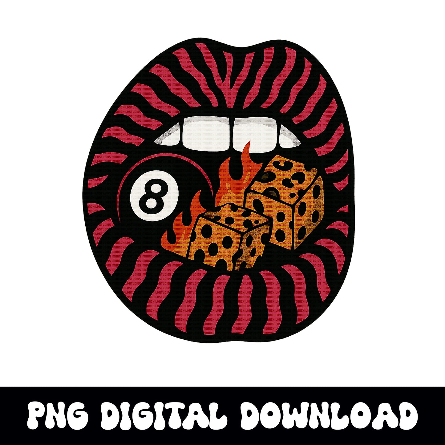 Edgy zebra print mouth with 8ball flames and cheetah print dice PNG graphic INSTANT digital download for tshirt sublimation or dtf