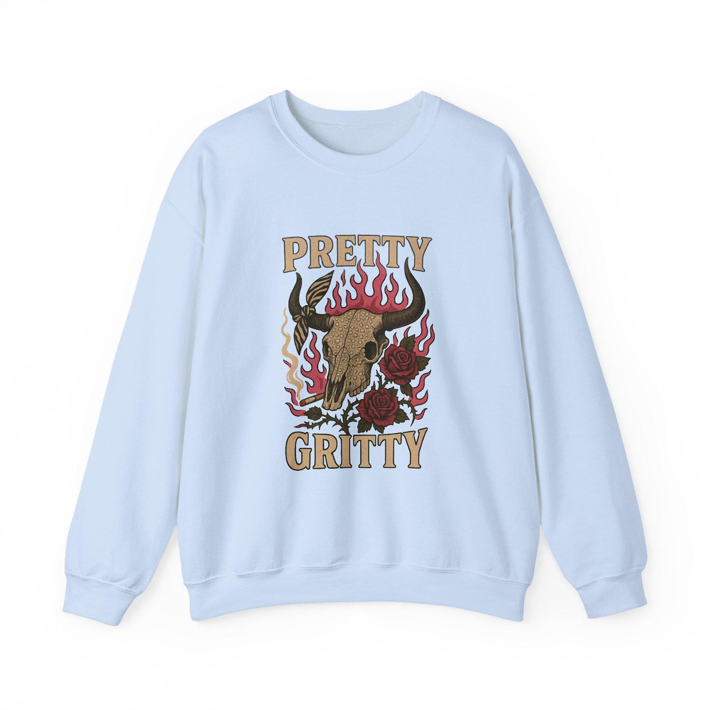 Edgy Western "pretty gritty" flaming cow skull and rose PNG graphic digital download for tshirt sublimation or dtf