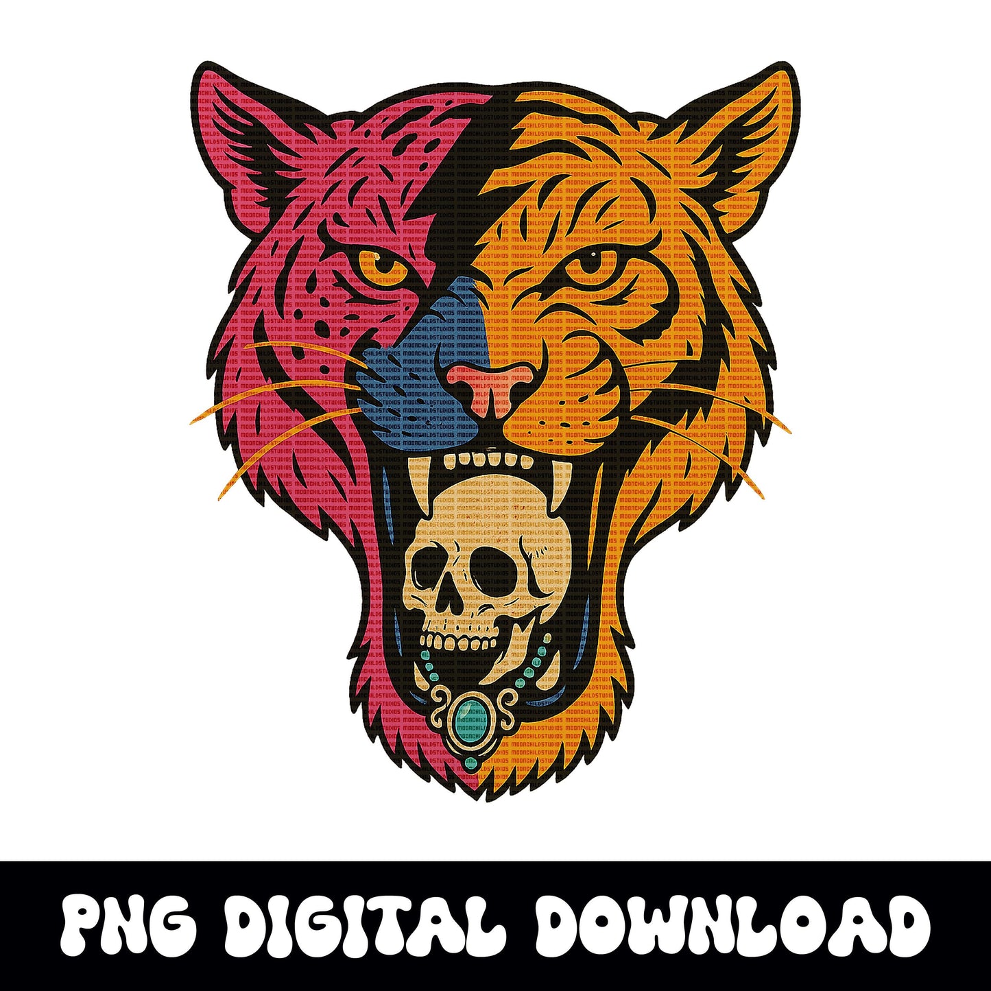 Western turquoise skull vintage tiger png graphic INSTANT digital download for tshirt sublimation or dtf