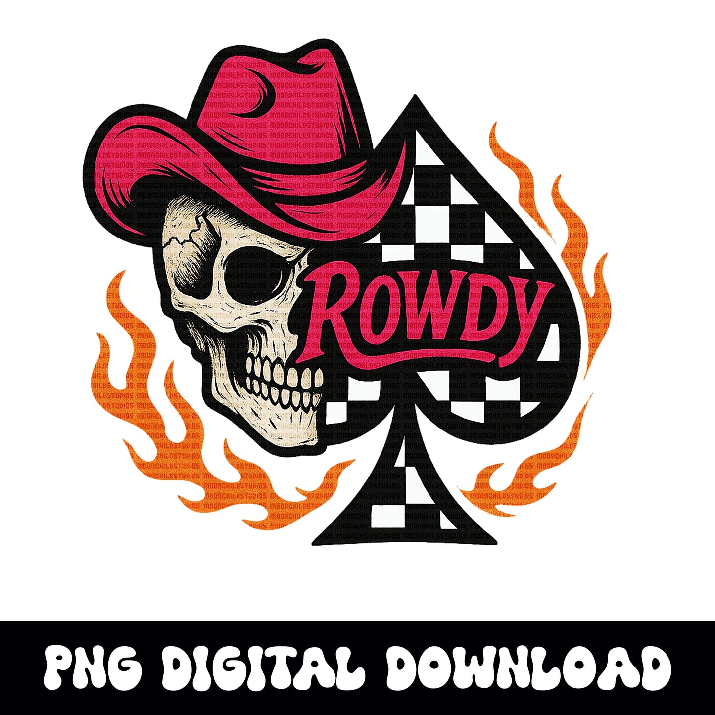 Western "rowdy" flaming skull checkered spade PNG graphic INSTANT digital download for tshirt sublimation or dtf