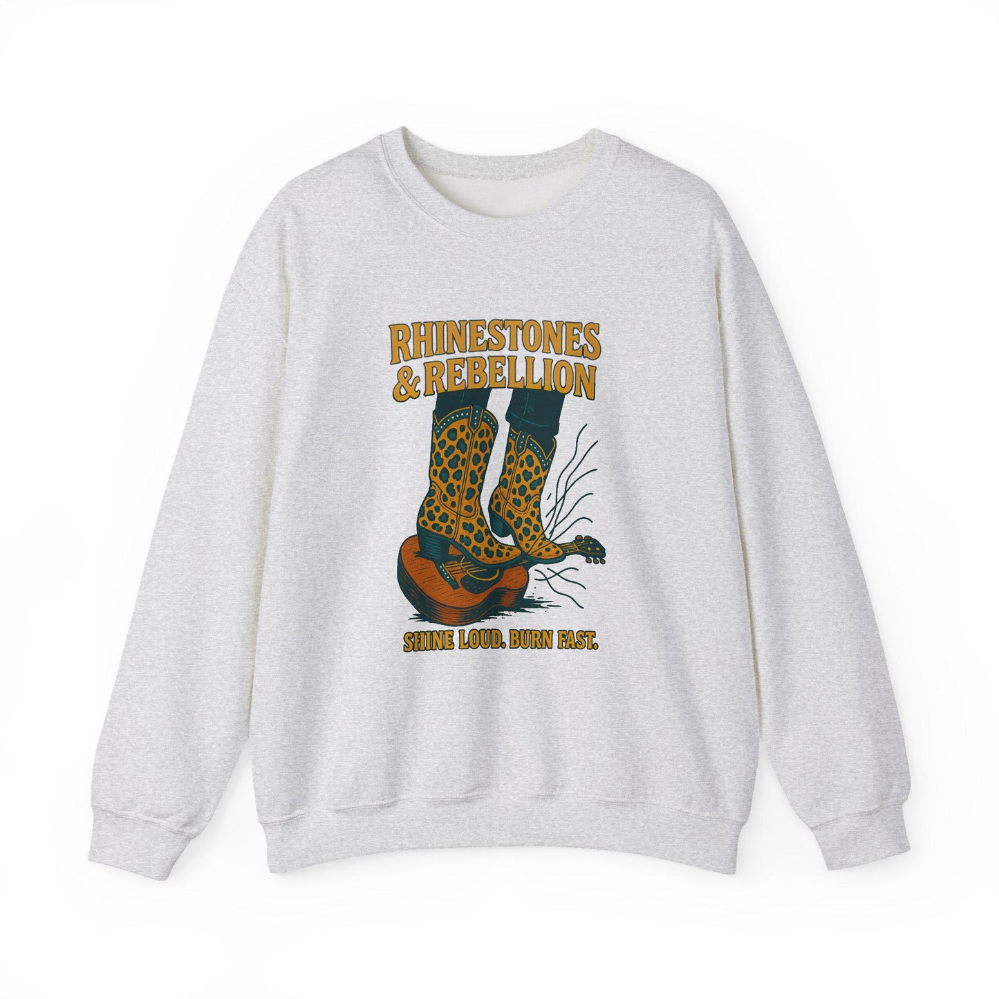 Western "Rhinestones & rebellion" cheetah print cowgirl boots and guitar PNG graphic INSTANT digital download for tshirt sublimation or dtf