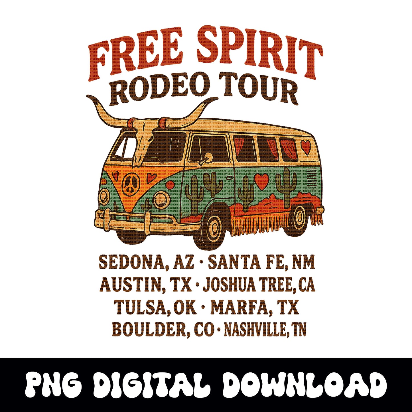Western free spirit rodeo tour western groovy hippie van instant png download for tshirt sublimation or dtf