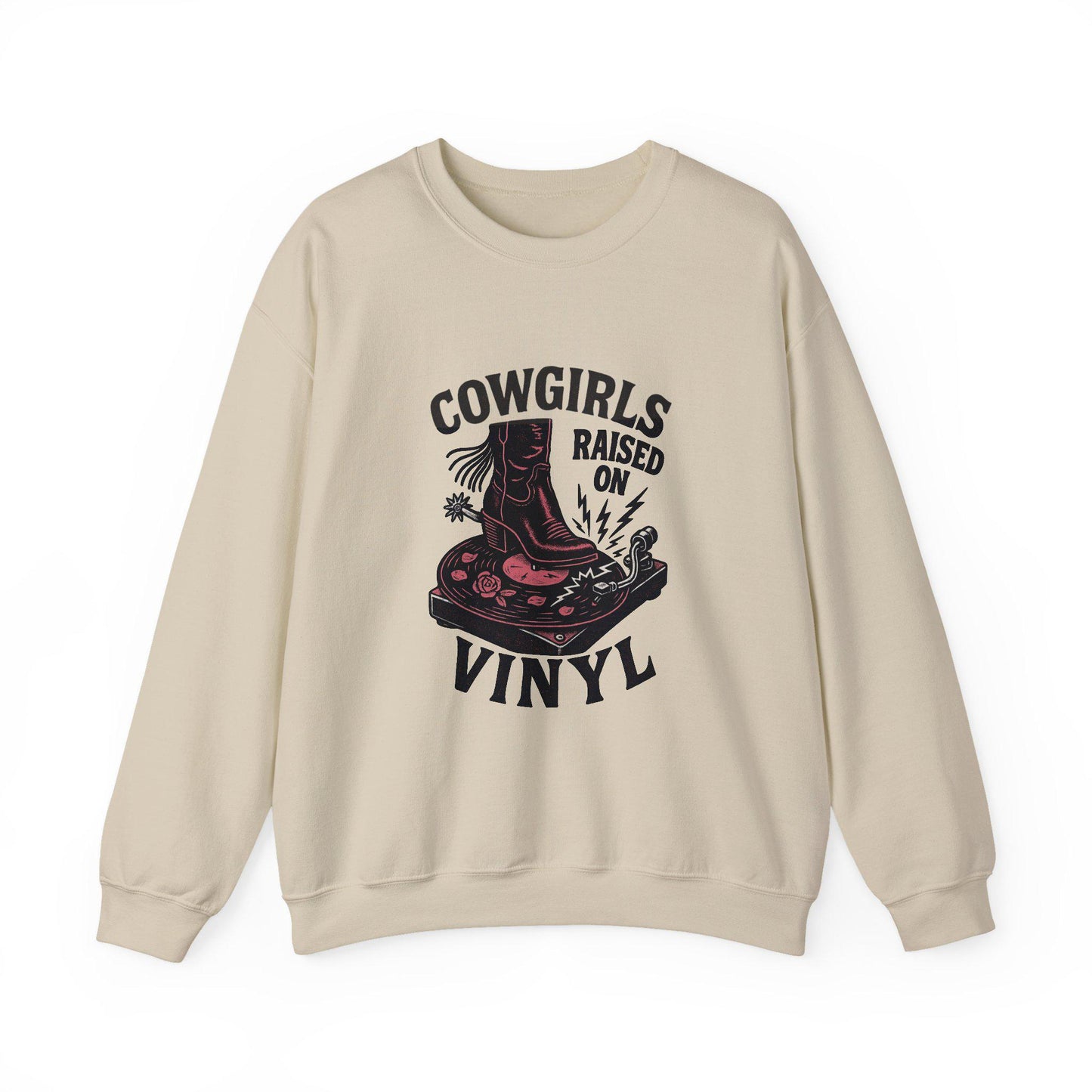Western "cowgirls raised on vinyl" cowgirl boot and record player PNG graphic INSTANT digital download for tshirt sublimation or dtf