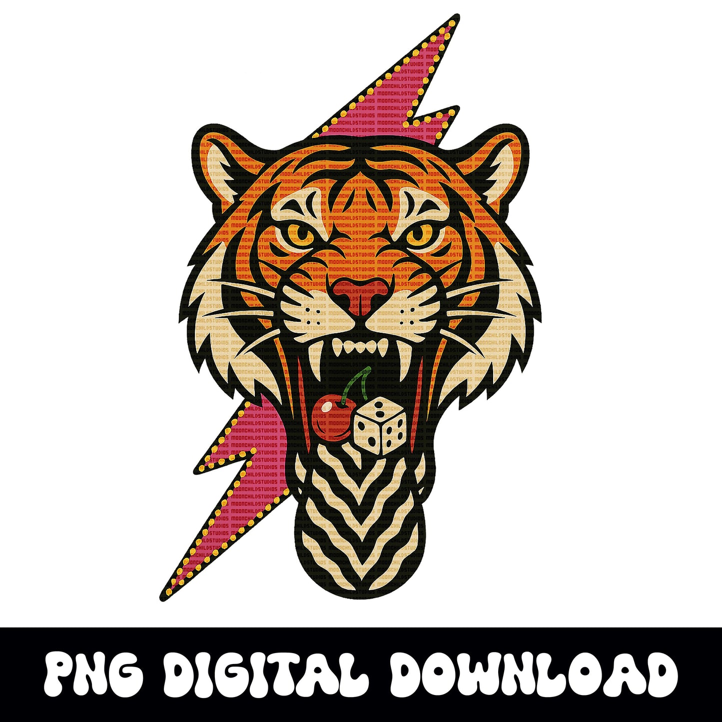 Dice and cherry mouth tiger lightning bolt PNG graphic INSTANT digital download for tshirt sublimation or dtf