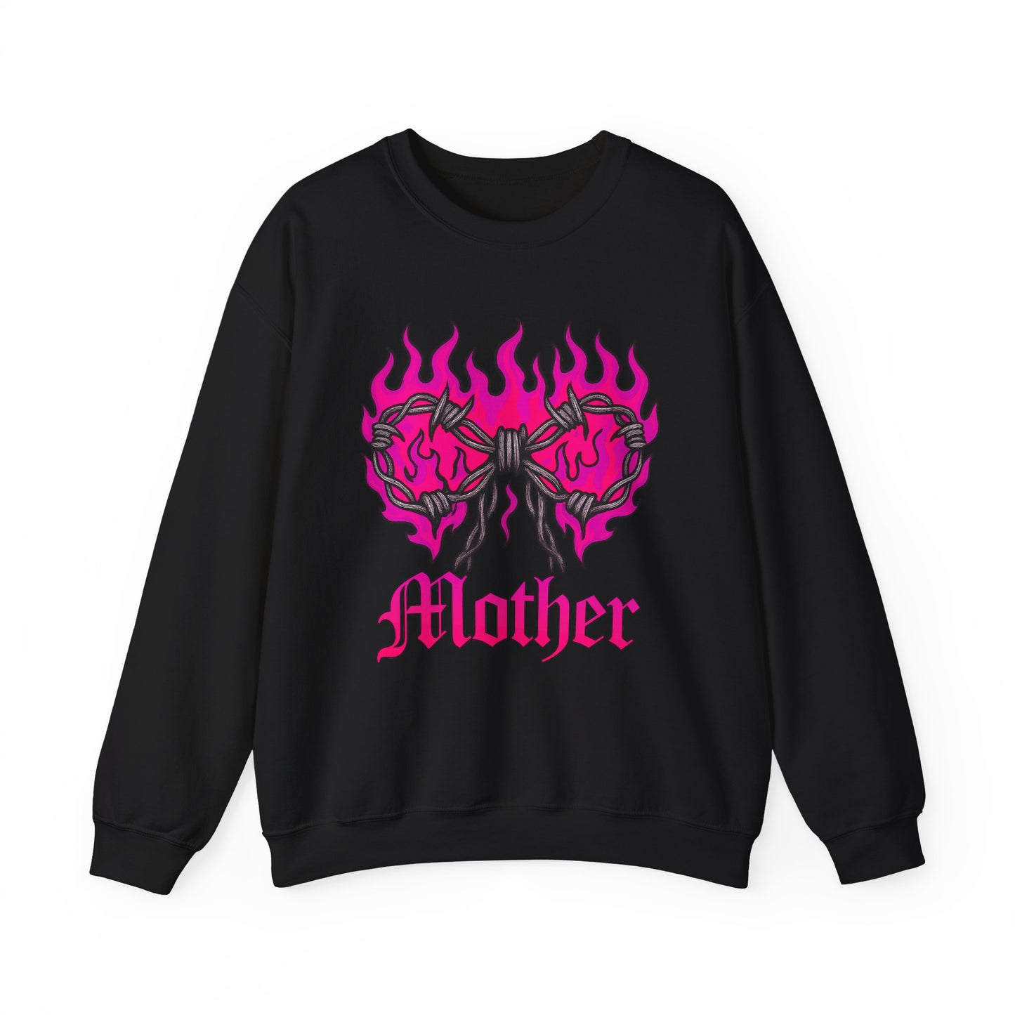 Mother Graphic Sweatshirt — Pink Flaming Heart & Barbed Wire Crewneck