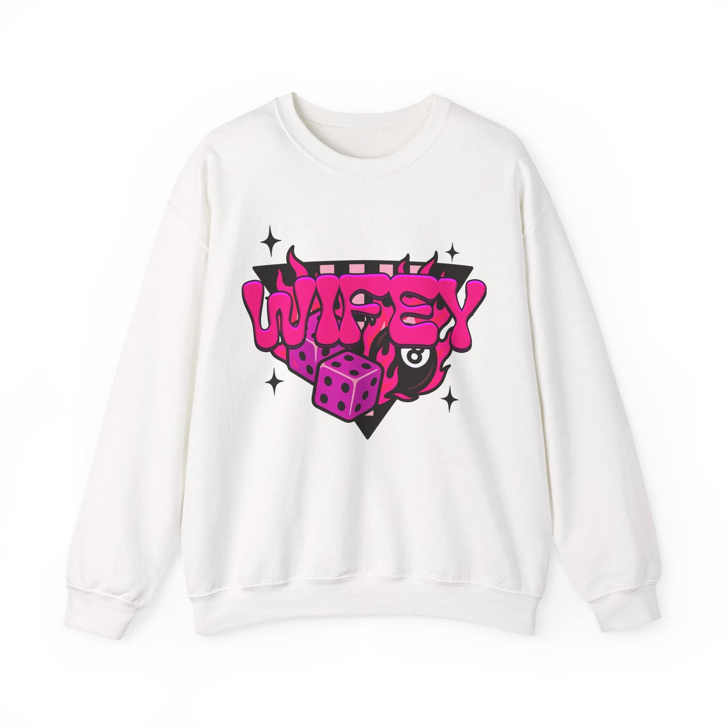 Crewneck Sweatshirt — Retro Pink “Wifey” Dice & Eight Ball Graphic