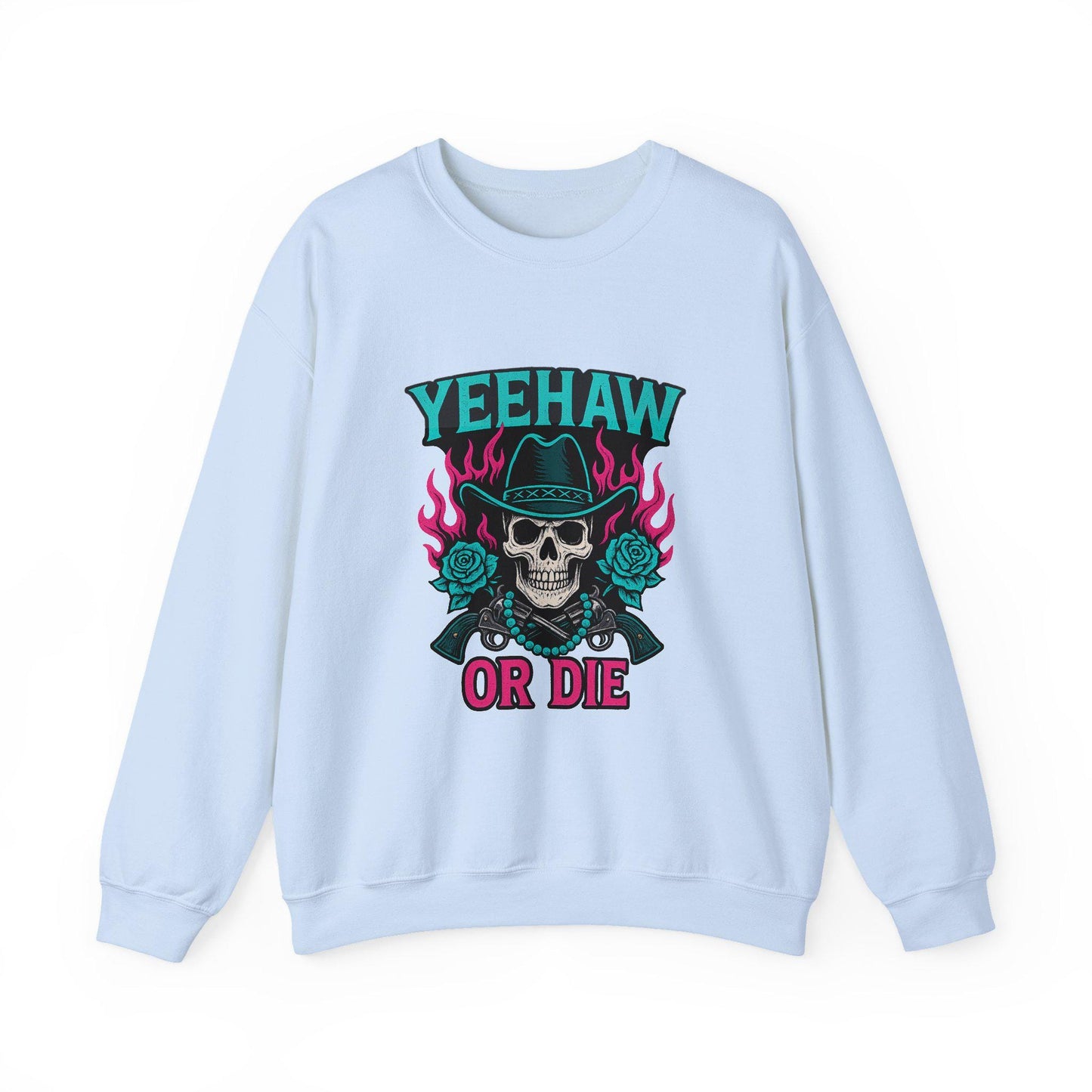 Western "yeehaw or die" flaming skull revolver rose turquoise png graphic INSTANT digital download for tshirt sublimation or dtf