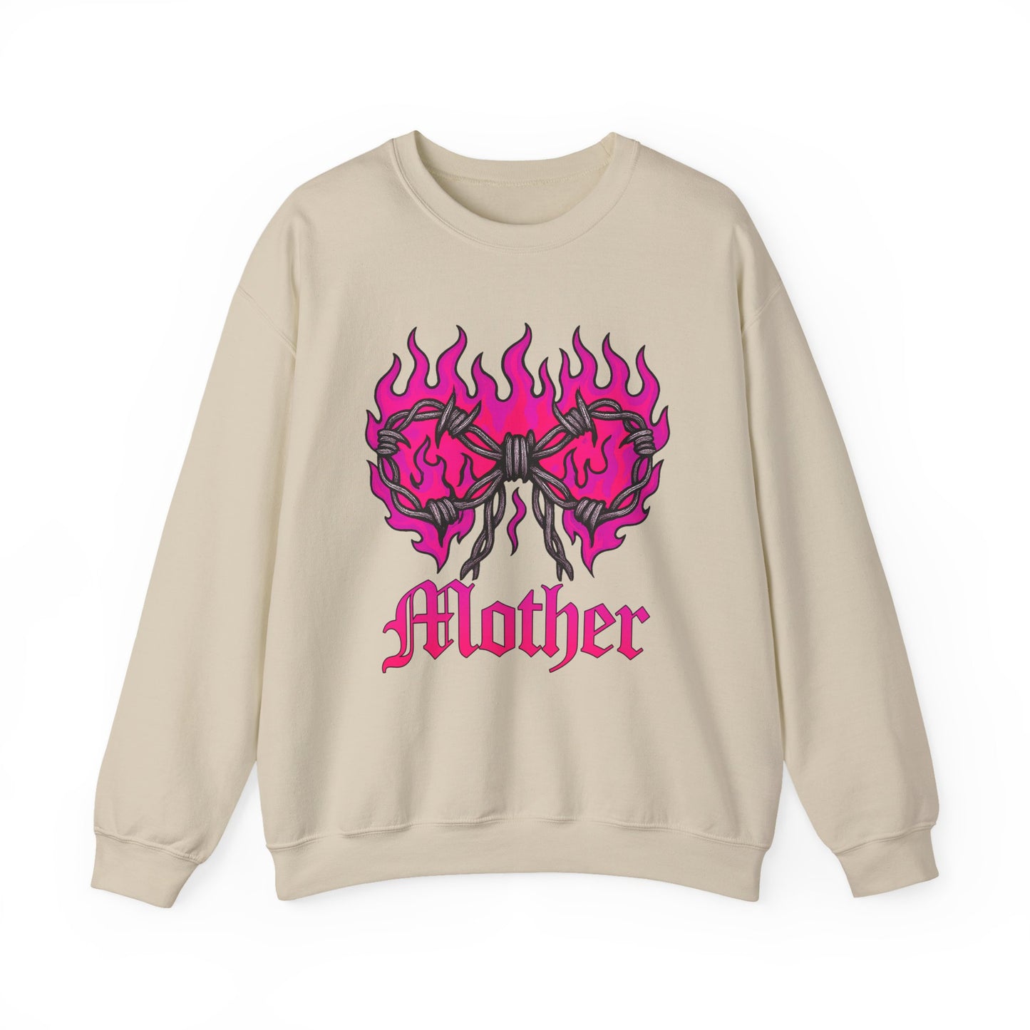 Mother Graphic Sweatshirt — Pink Flaming Heart & Barbed Wire Crewneck