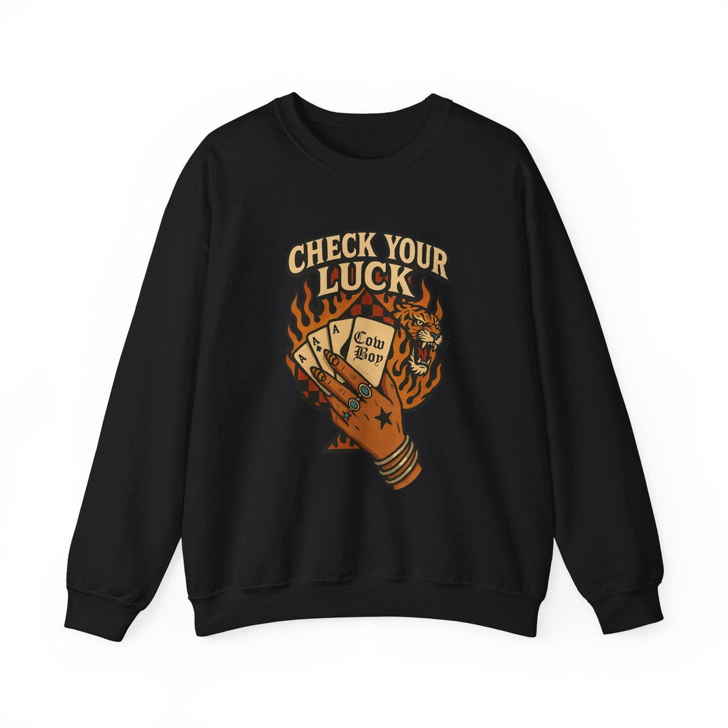 Western "check your luck, cowboy" flaming spade tiger yallternative PNG graphic INSTANT digital download for tshirt sublimation or dtf