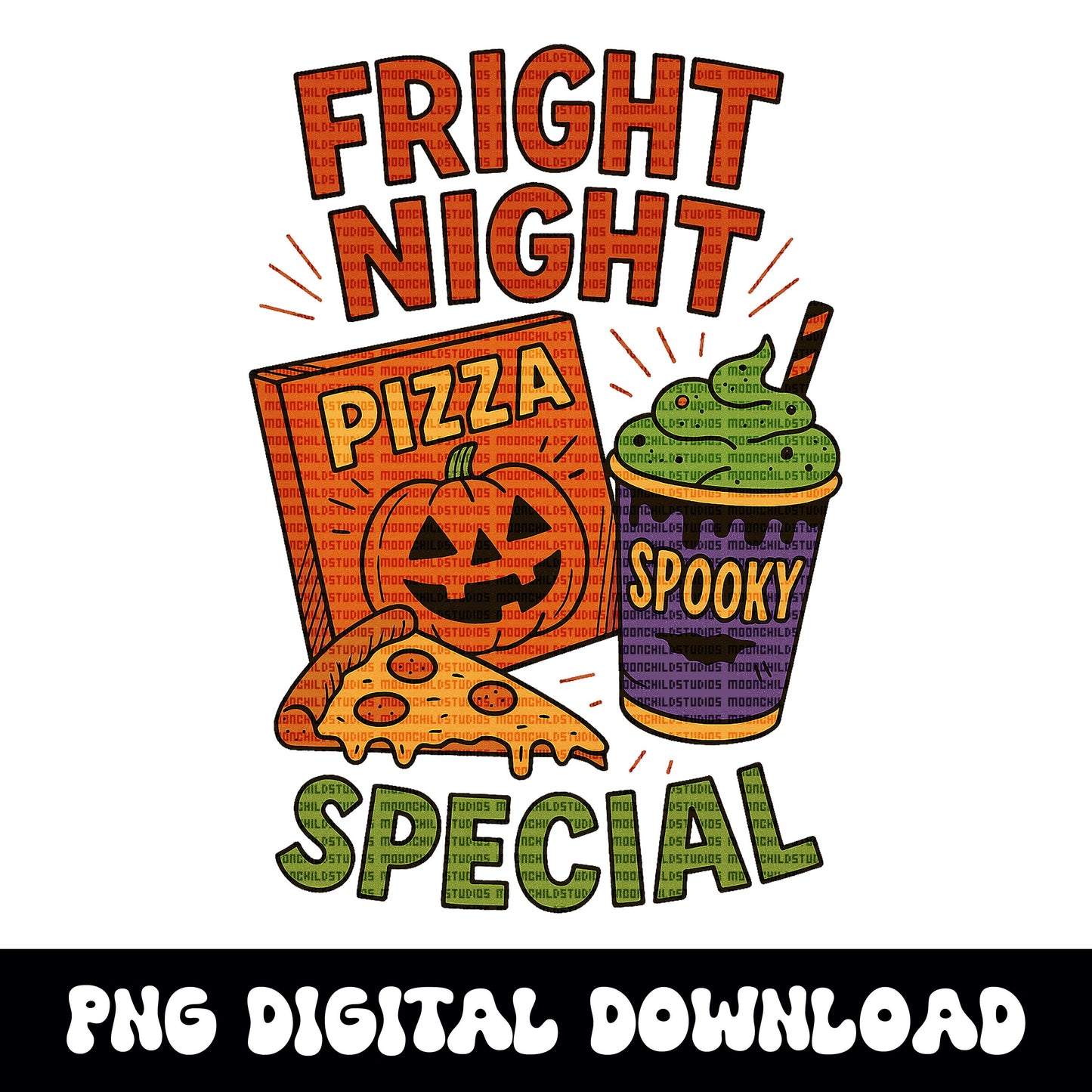 Halloween/fall "fright night special" pizza and drink PNG graphic digital download for tshirt sublimation or dtf