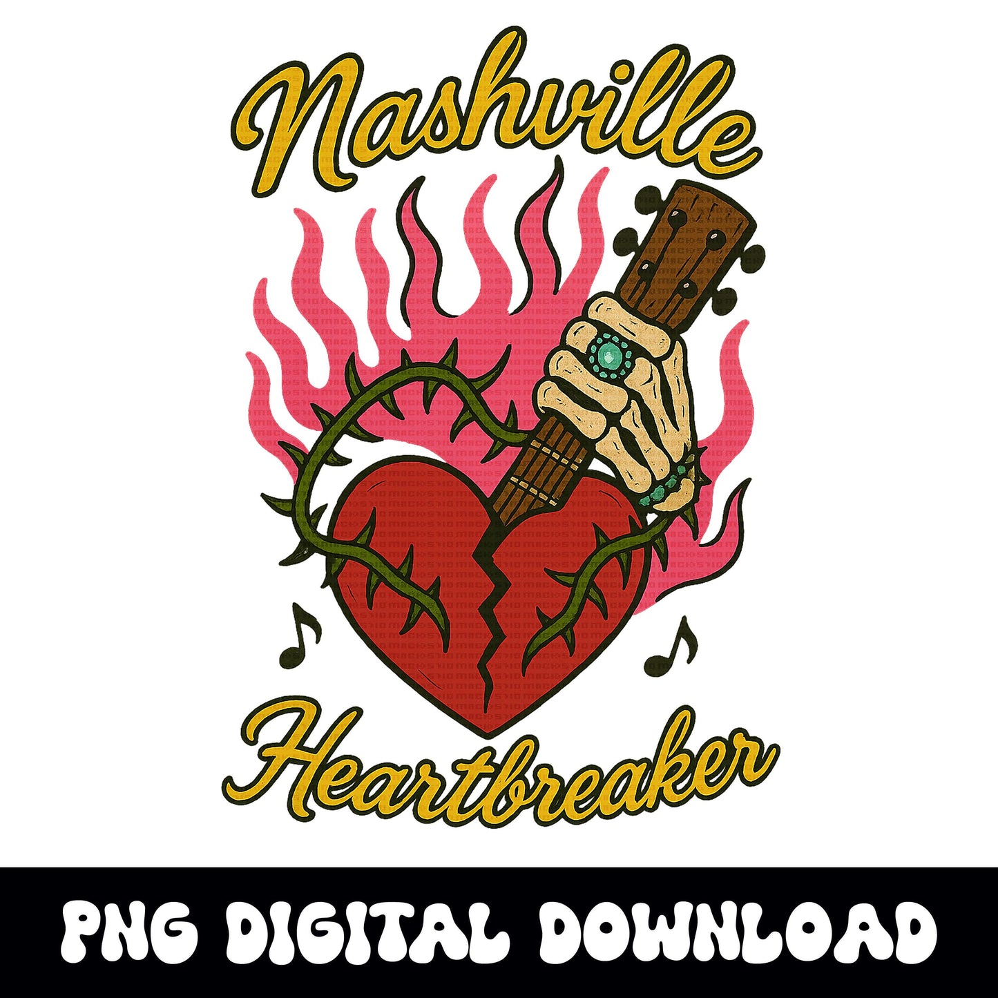 Edgy Nashville heartbreaker skeleton flaming broken heart png graphic digital download for tshirt sublimation or dtf