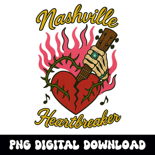 Edgy Nashville heartbreaker skeleton flaming broken heart png graphic digital download for tshirt sublimation or dtf