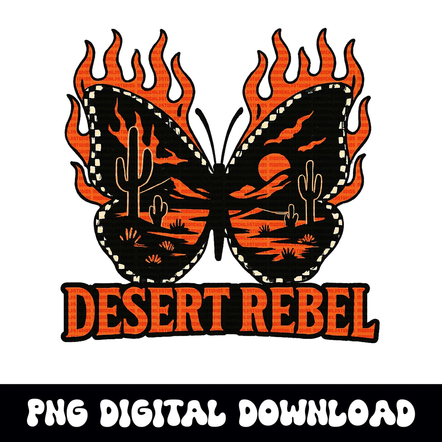 Edgy yallternative western desert flaming butterfly "desert rebel" PNG graphic INSTANT digital download for tshirt sublimation or dtf