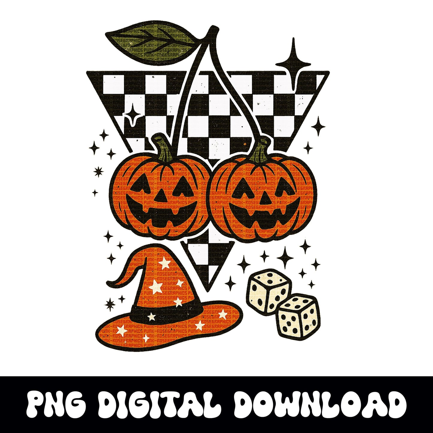 Halloween pumpkin cherry dice witch checkered PNG graphic INSTANT digital download for tshirt sublimation or dtf