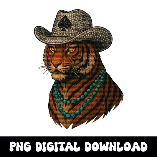 Western glam tiger rhinestone spade cowgirl hat & turquoise PNG graphic INSTANT digital download for tshirt sublimation or dtf