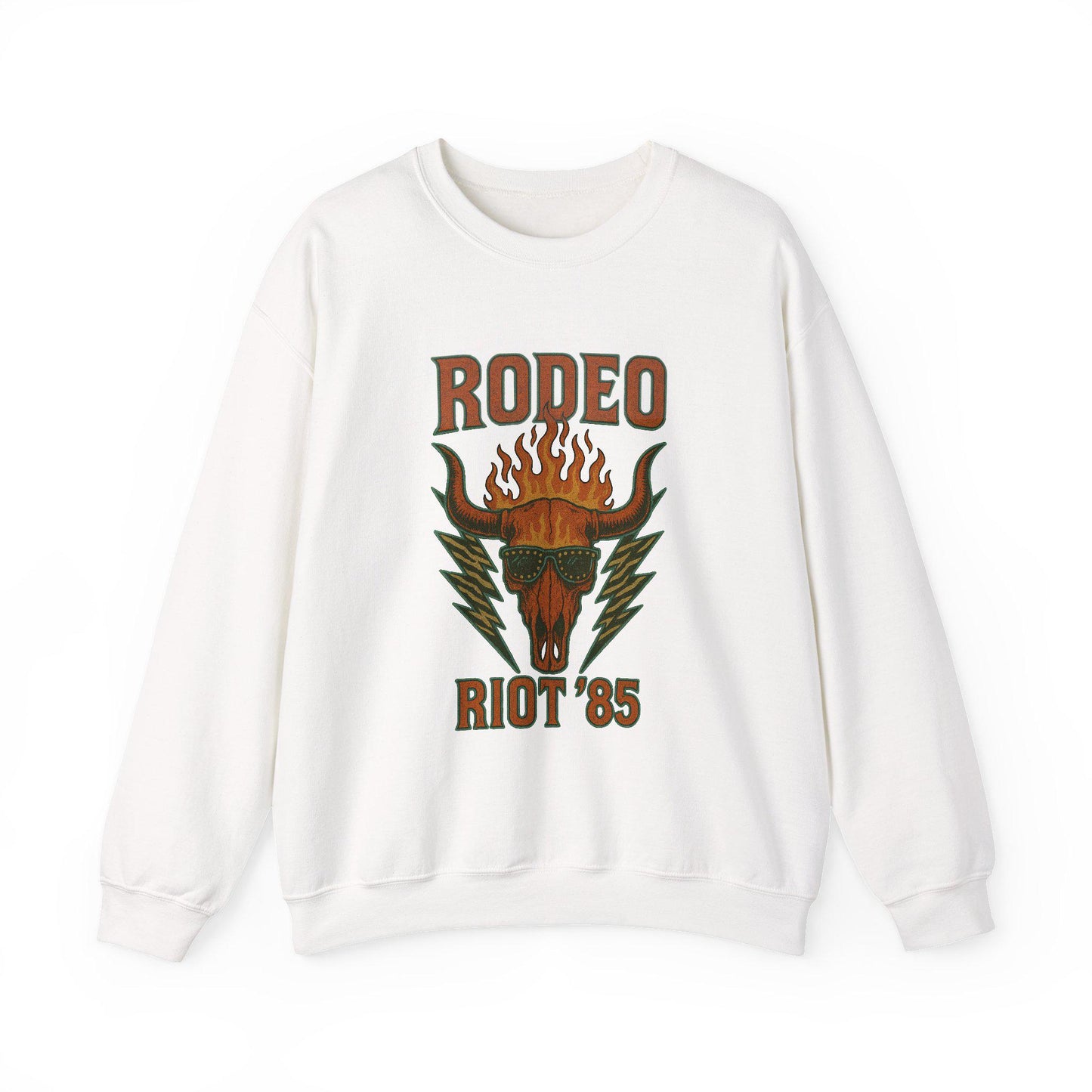 Western 80s band tee inspired "Rodeo Riot" flaming bull skull lightning PNG graphic INSTANT digital download for tshirt sublimation or dtf