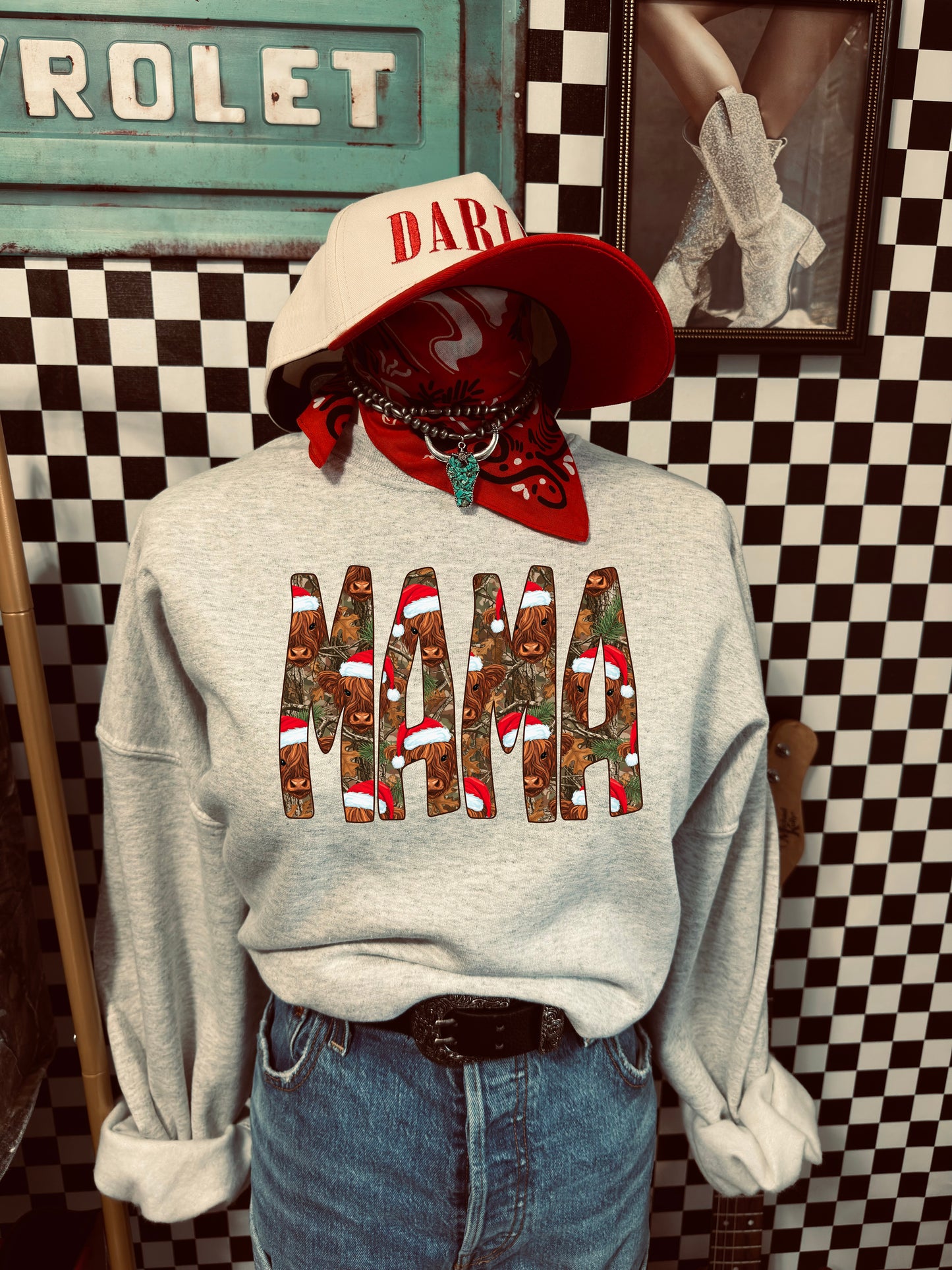 Mama Highland Cow & Camo Sweatshirt — Festive Christmas Mama Crewneck
