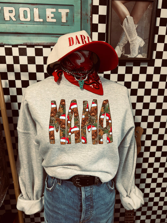 Mama Highland Cow & Camo Sweatshirt — Festive Christmas Mama Crewneck