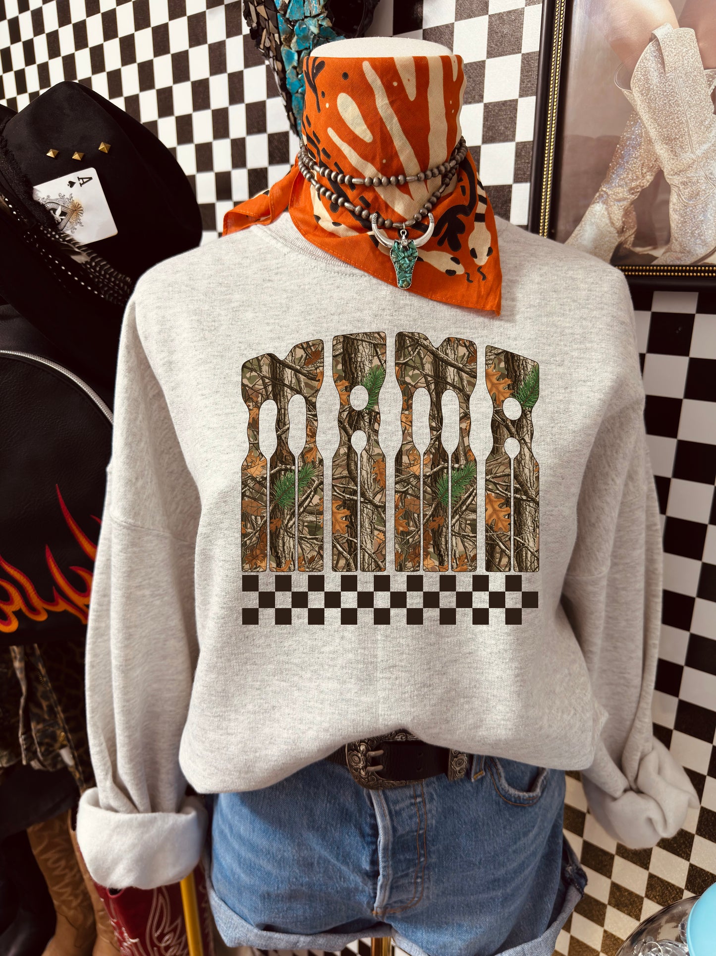 Camo MAMA Crewneck Sweatshirt — Country MAMA Graphic with Checkered Accent