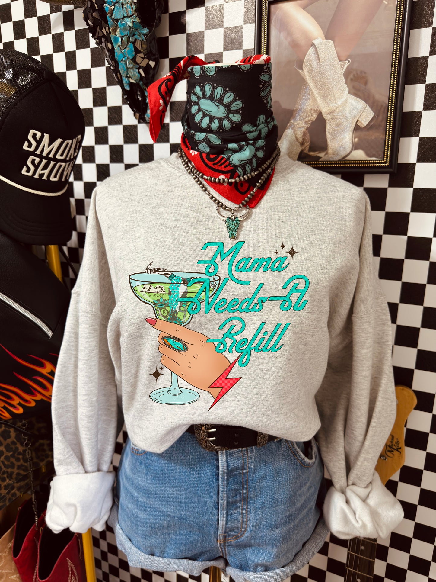 Crewneck Sweatshirt — "Mama Needs A Refill" Vintage Cocktail Graphic