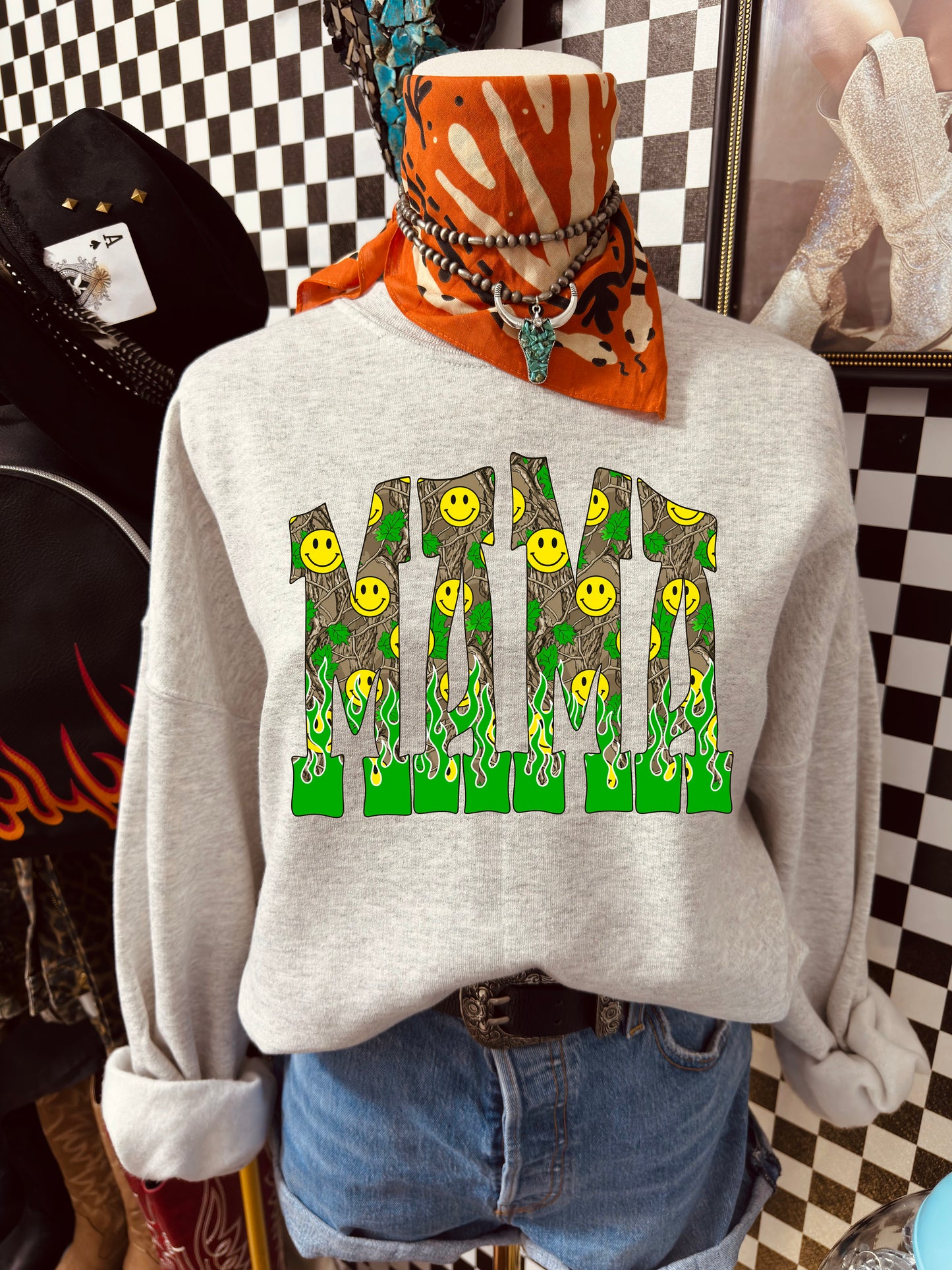 Crewneck Sweatshirt — Camo Smiley 'MAMA' Graphic