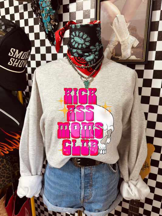 Badass Moms Club Crewneck Sweatshirt – Retro Pink Skull Graphic