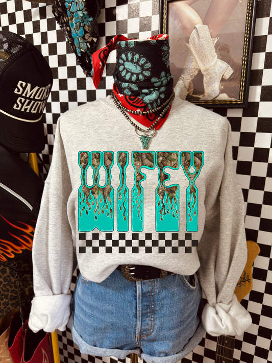 Crewneck Sweatshirt — Retro Teal Drip Checkerboard MAMA Graphic tee