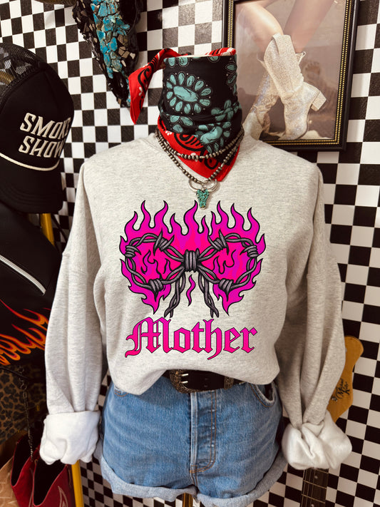 Mother Graphic Sweatshirt — Pink Flaming Heart & Barbed Wire Crewneck