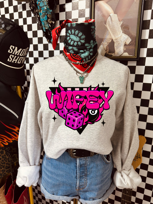 Crewneck Sweatshirt — Retro Pink “Wifey” Dice & Eight Ball Graphic