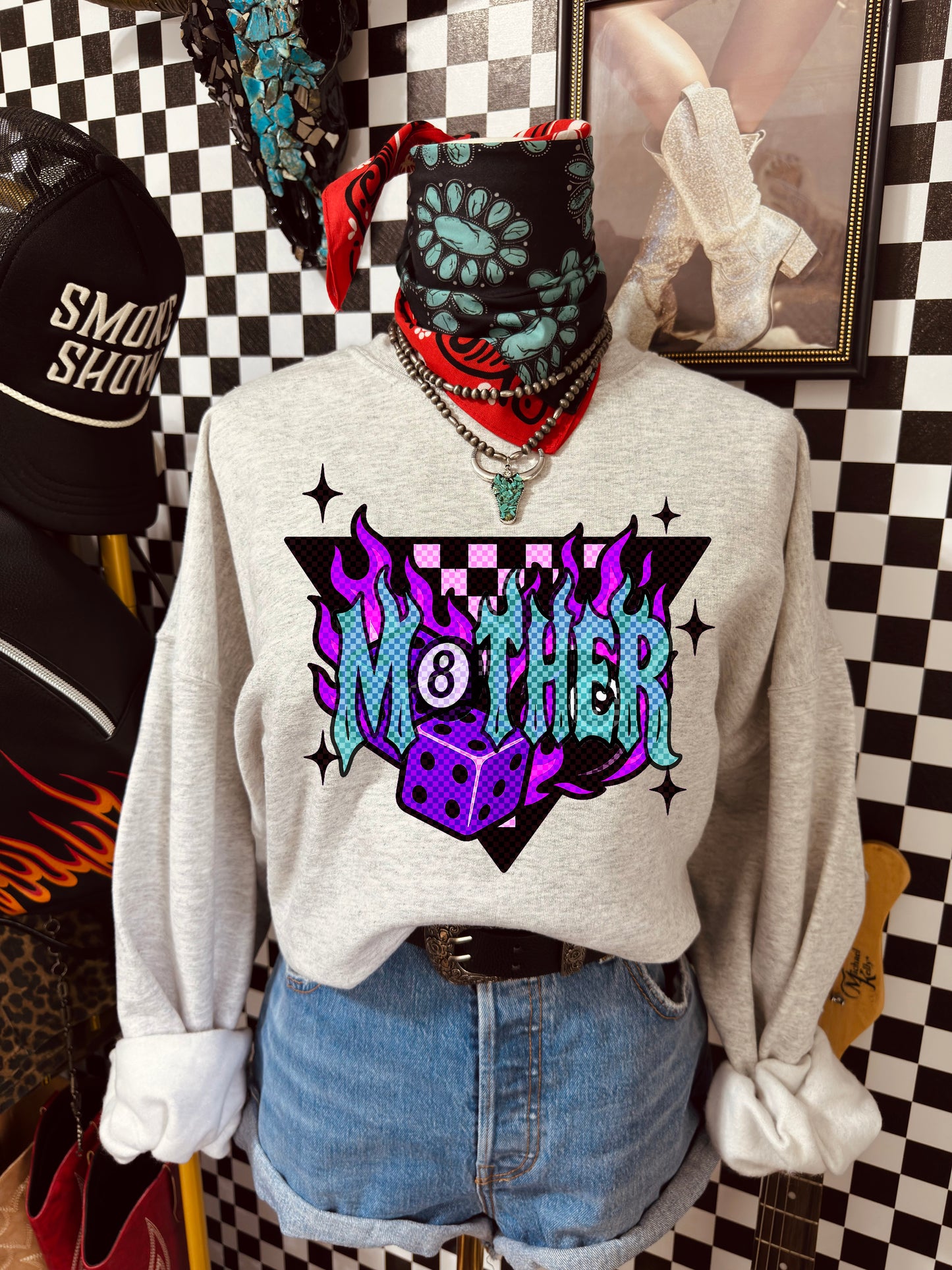 Mother Dice Graphic Sweatshirt — Retro Neon Gaming Crewneck