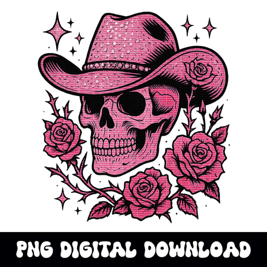 Pink Western rhinestone cowboy and rose png graphic INSTANT digital download for tshirt sublimation or dtf