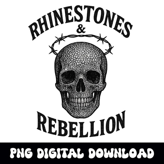 Edgy Rhinestones & rebellion rhinestone skull western png graphic digital download for tshirt sublimation or dtf