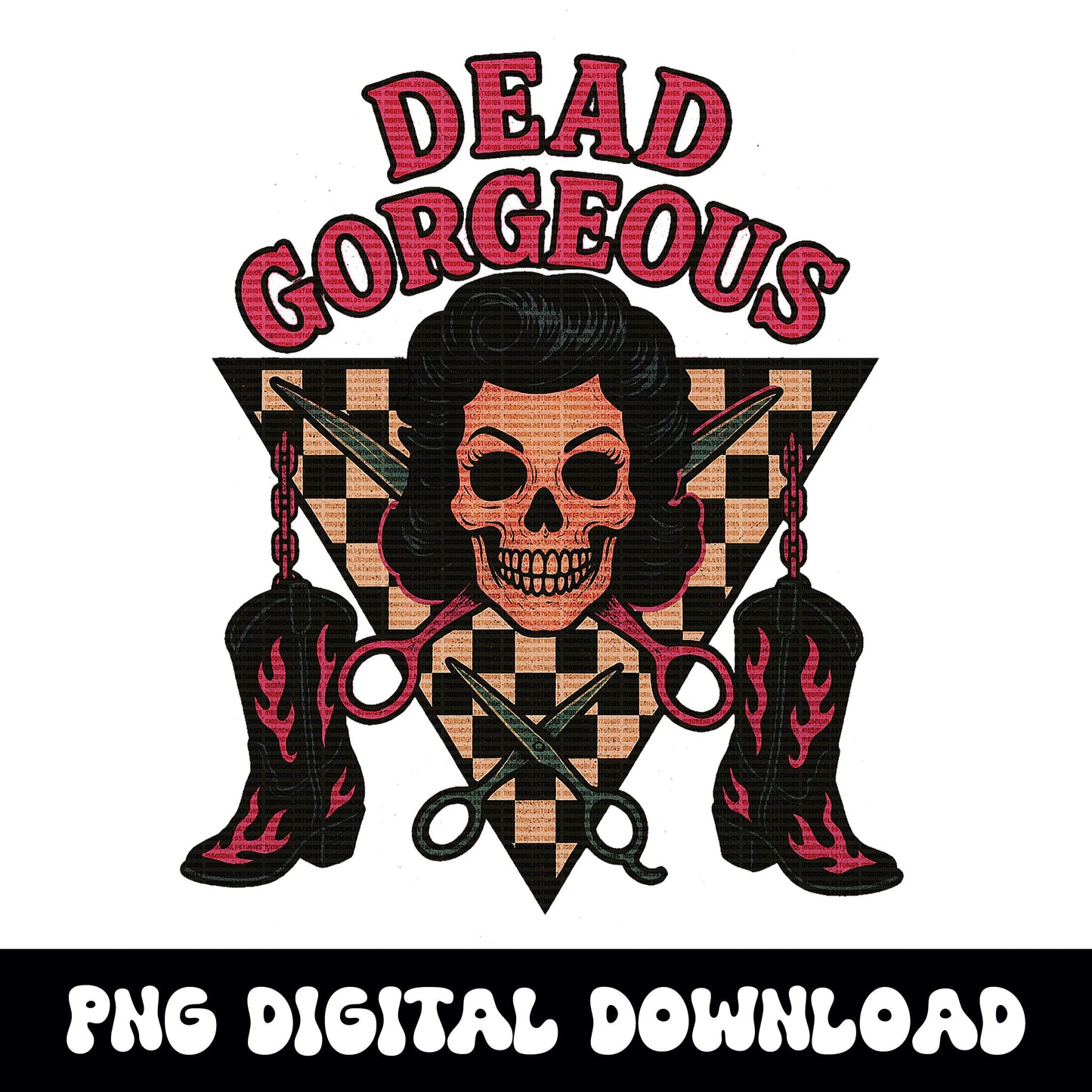 Western "dead gorgeous" yallternative retro pinup woman skull checkered png graphic INSTANT digital download for tshirt sublimation or dtf
