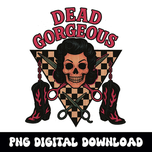 Western "dead gorgeous" yallternative retro pinup woman skull checkered png graphic INSTANT digital download for tshirt sublimation or dtf