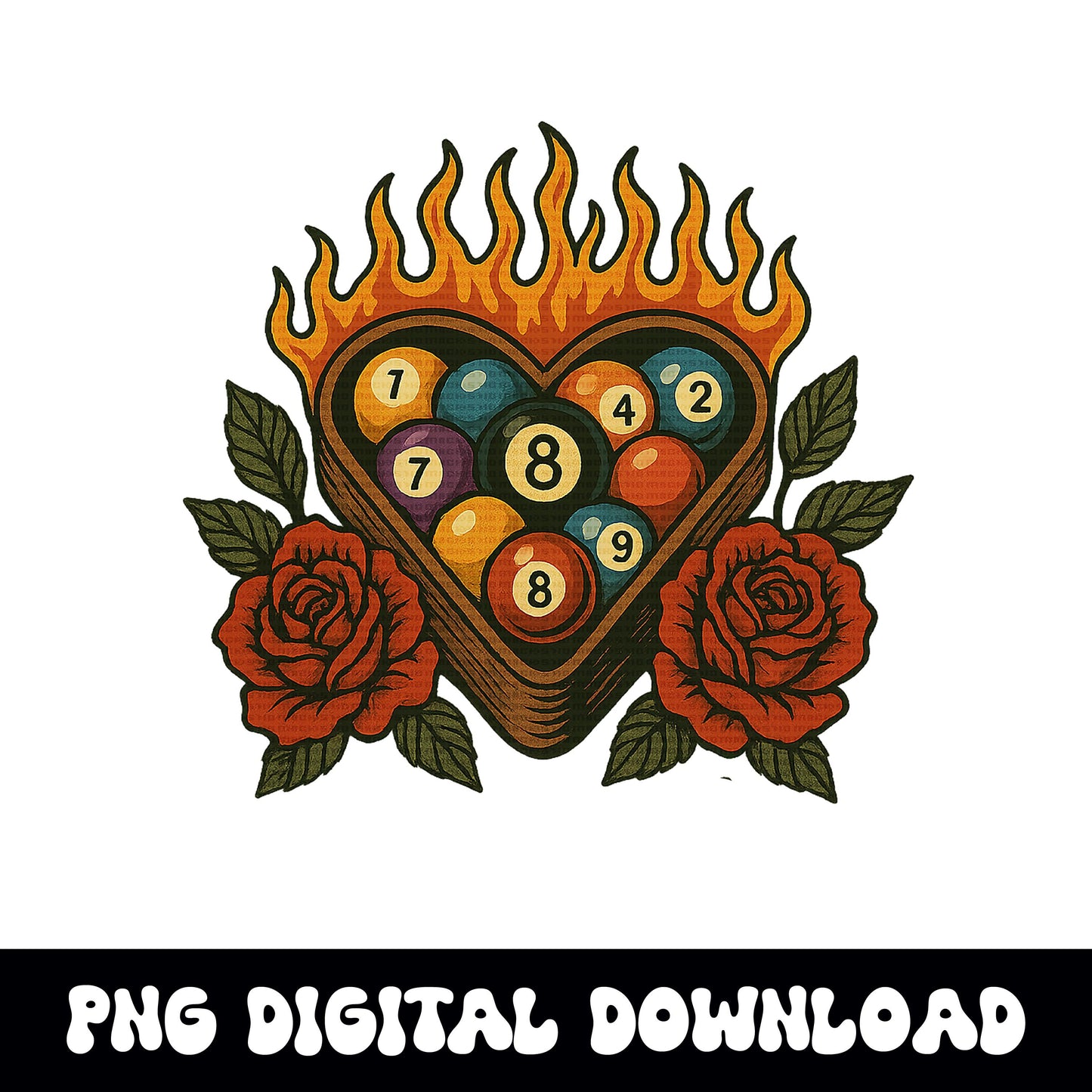 flaming pool ball rack & roses png graphic INSTANT digital download for tshirt sublimation or dtf