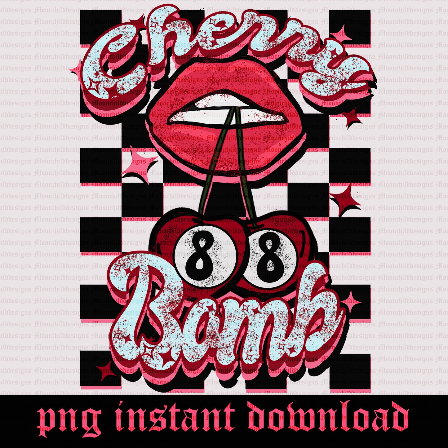 Checkered 8 Ball Cherry Bomb design Vintage retro Lip cherry design Trendy Mouth Tshirt design Music design sweet rock and roll mouth design