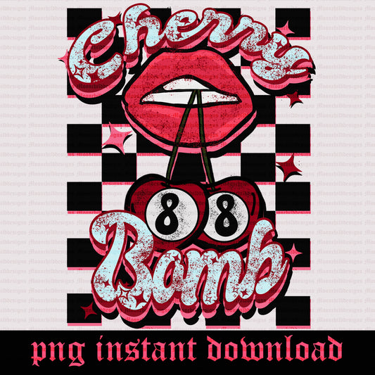 Checkered 8 Ball Cherry Bomb design Vintage retro Lip cherry design Trendy Mouth Tshirt design Music design sweet rock and roll mouth design