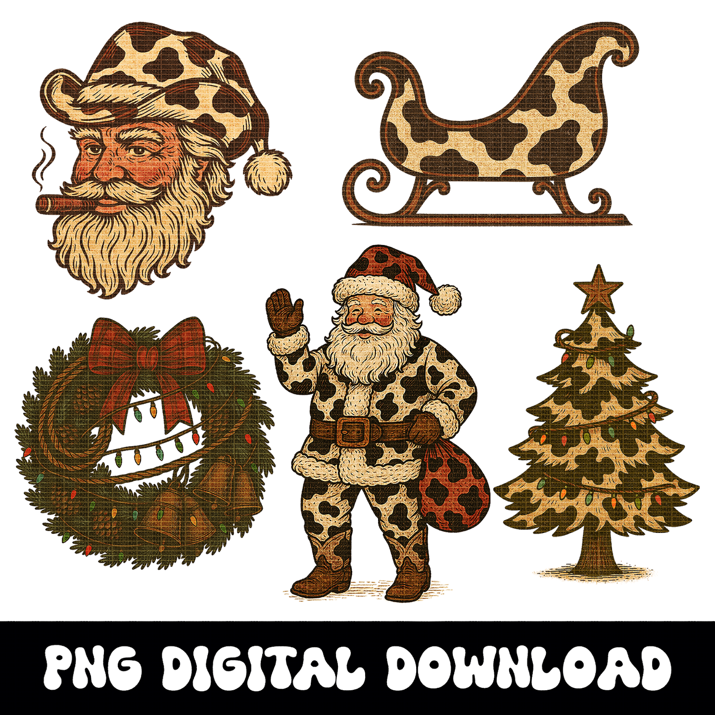 Western Christmas Clipart Bundle | Cowprint Santa PNG Pack |Retro Country Cowboy Christmas Graphics | Tooled Leather Christmas Ornaments |