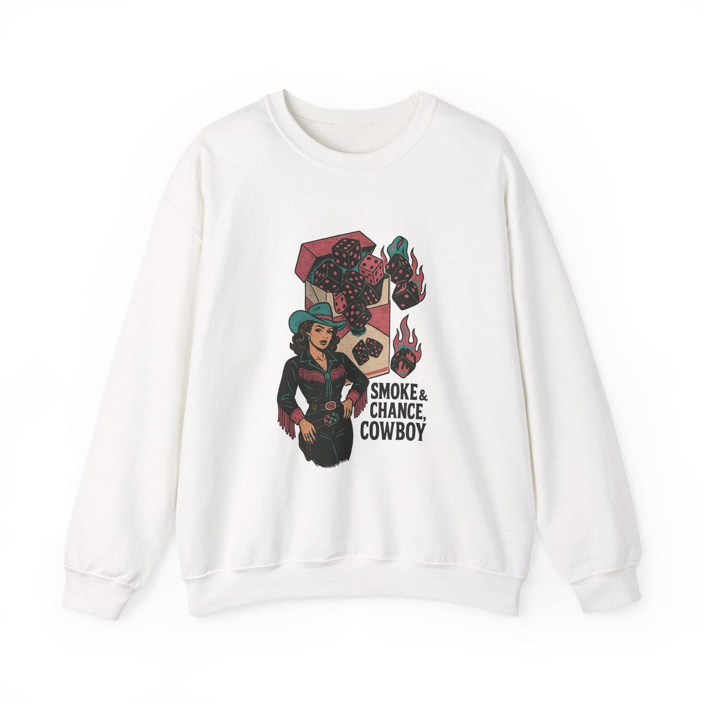 Western vintage cowgirl flaming dice cigarette PNG graphic INSTANT digital download for tshirt sublimation or dtf