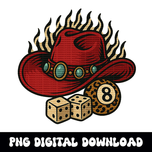 edgy zebra print flaming cowgirl hat 8ball dice PNG graphic INSTANT digital download for tshirt sublimation or dtf